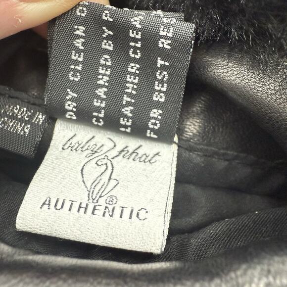 VTG Baby Phat Jacket Womens Large Black Leather Hood Fleece Lined Coat Y2K READ - Picture 5 of 16